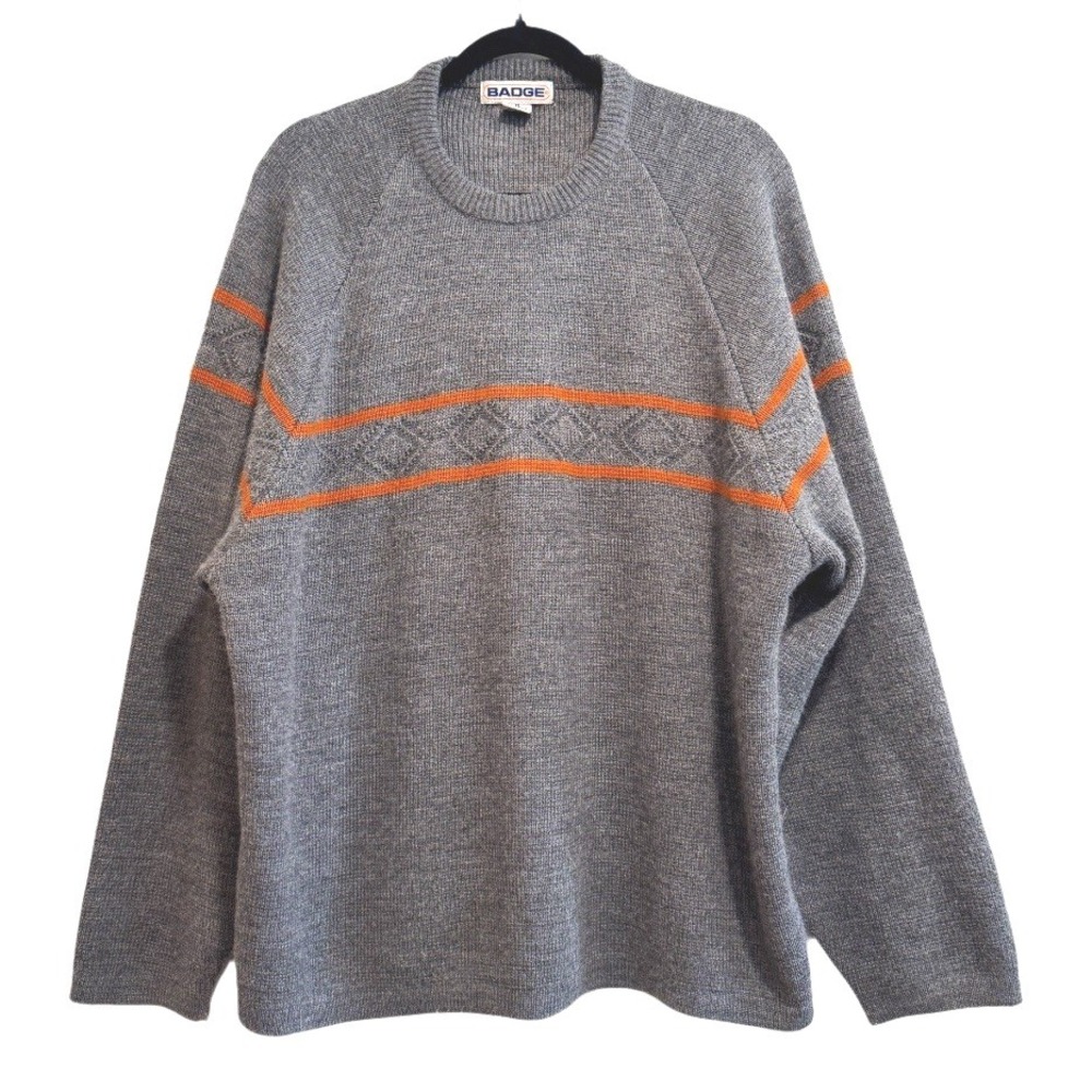 VTG! Badge Crew Neck Sweater Gray Knit Orange Retro‎ Stripe Diamond Mens XL 90s